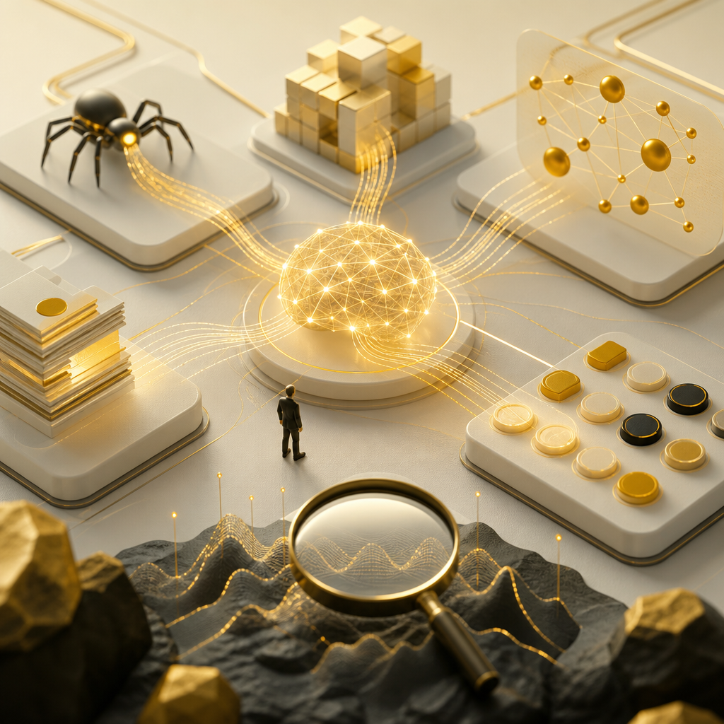 Abstract AI SEO network connections flowing over a clean website layout in warm gold and neutral tones.