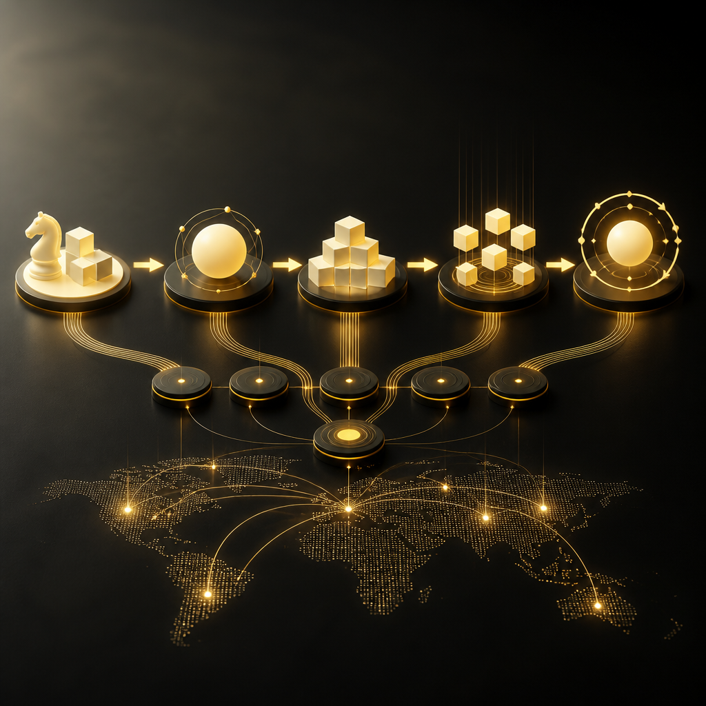 Abstract multi-stage modernization pipeline with connected nodes illustrating a controlled workflow from planning through deployment and ongoing improvement using warm gold and near-white tones.