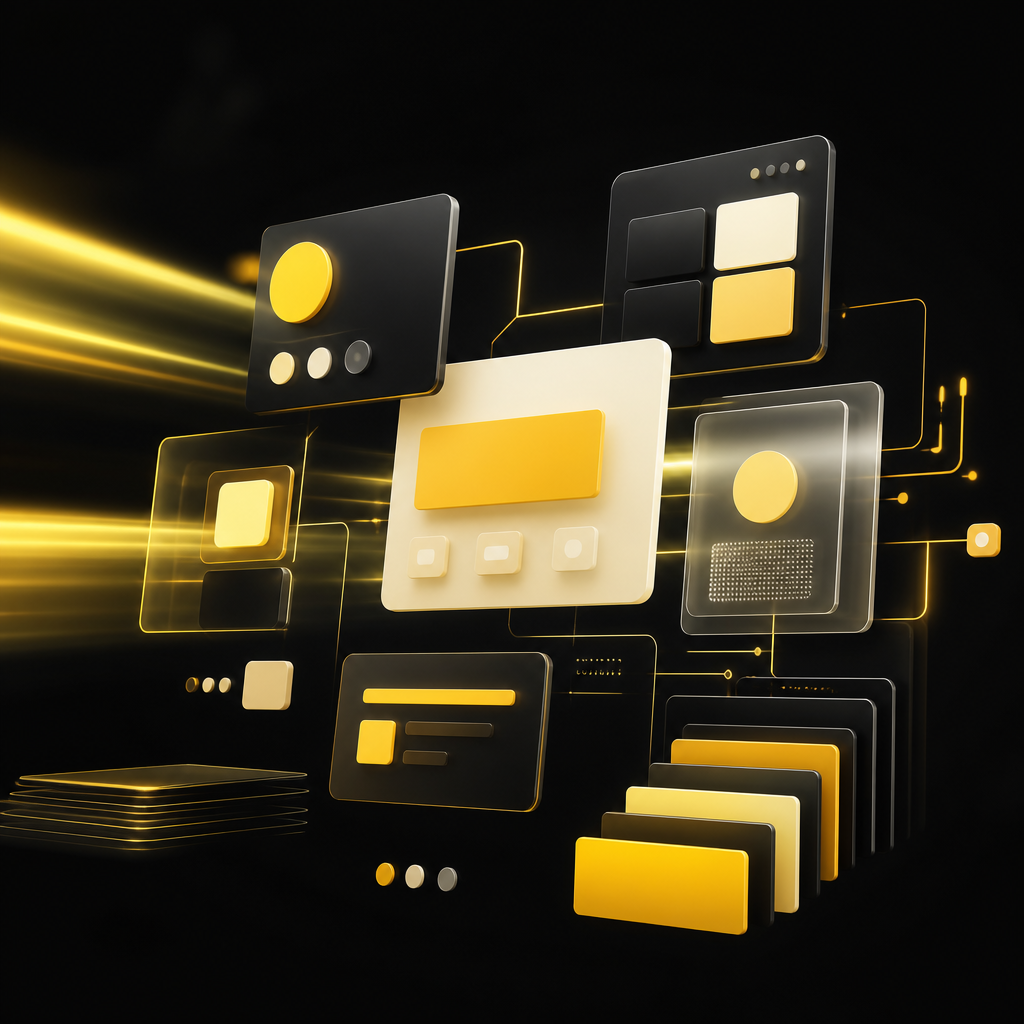 Abstract modular frontend tiles connected to backend-style lines, illustrating a modern workflow-driven user interface with warm gold and near-white tones.