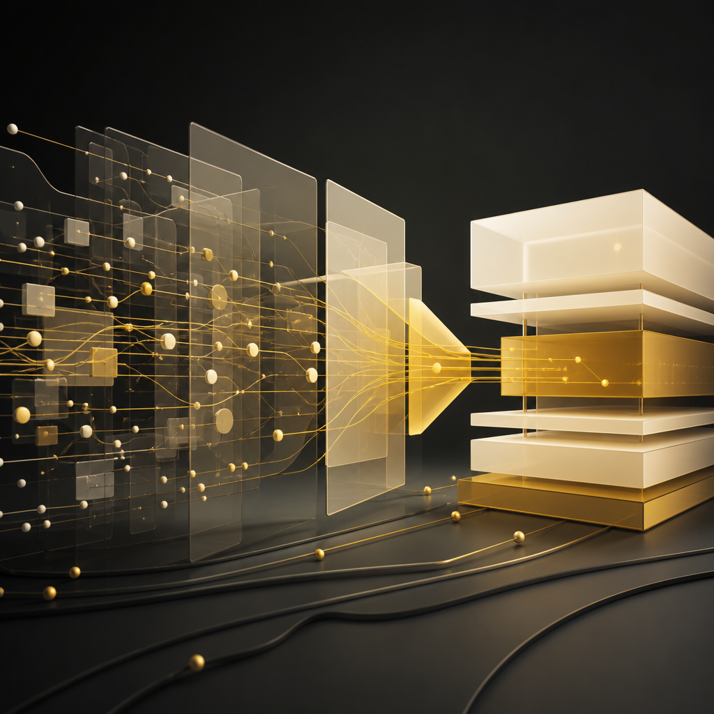 Abstract layered architecture suggesting application modernization, shown with warm gold and near-white tones and interconnected migration pathways.