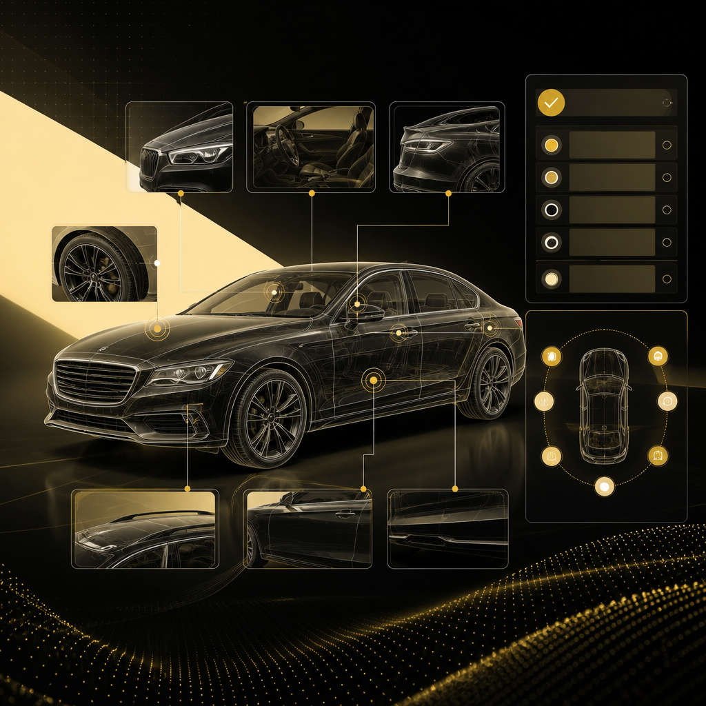 Car inspection concept with translucent photo-capture frames and checklist-style icons in gold and deep neutral tones