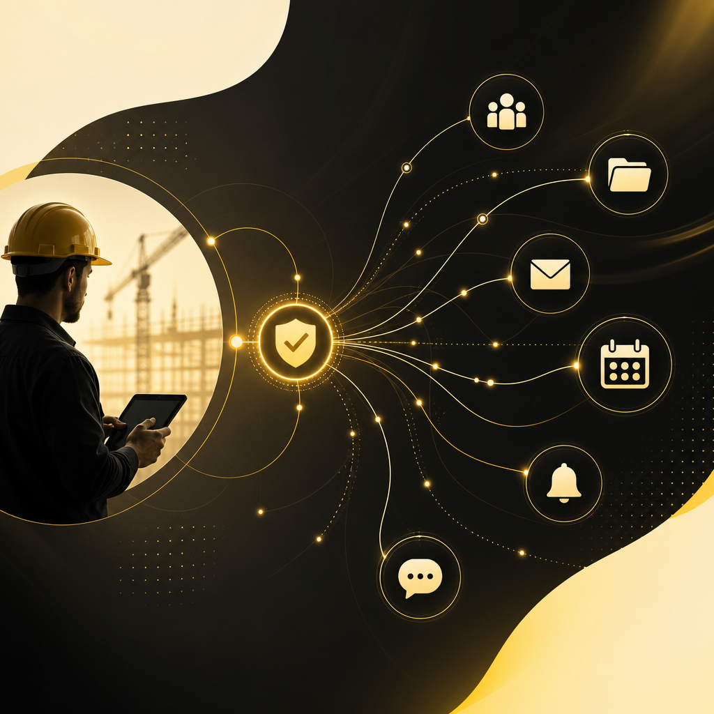 Abstract inspection-to-operations integration network with connected nodes and icon-only flow in gold and neutral tones