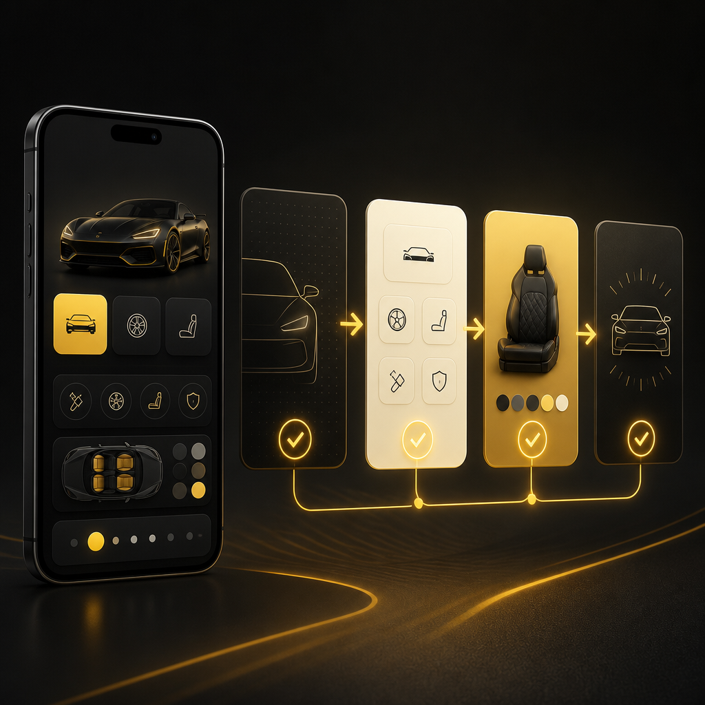Abstract mobile-first automotive workflow with icon-based inspection-to-booking pathway cards in warm gold and near-white tones