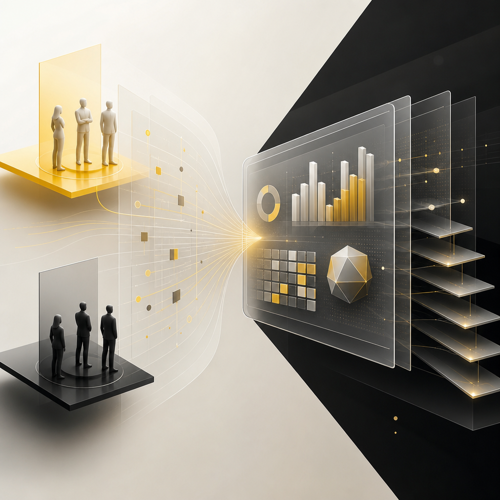 Abstract centralized reporting composition showing harmonized data layers, role-based visibility regions, and an audit-trail style step motif.