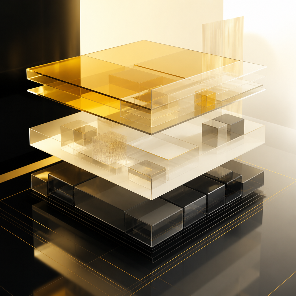 Abstract layered architecture blocks in warm near-white and gold tones that visually represent connected front-end and back-end layers for a membership tech stack.