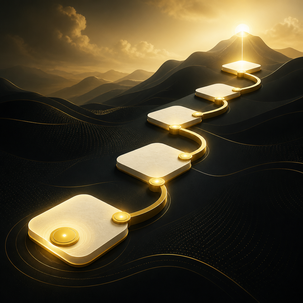 A connected roadmap of milestone tiles and nodes in gold and warm near-white tones, representing a step-by-step path to planning membership entitlements.
