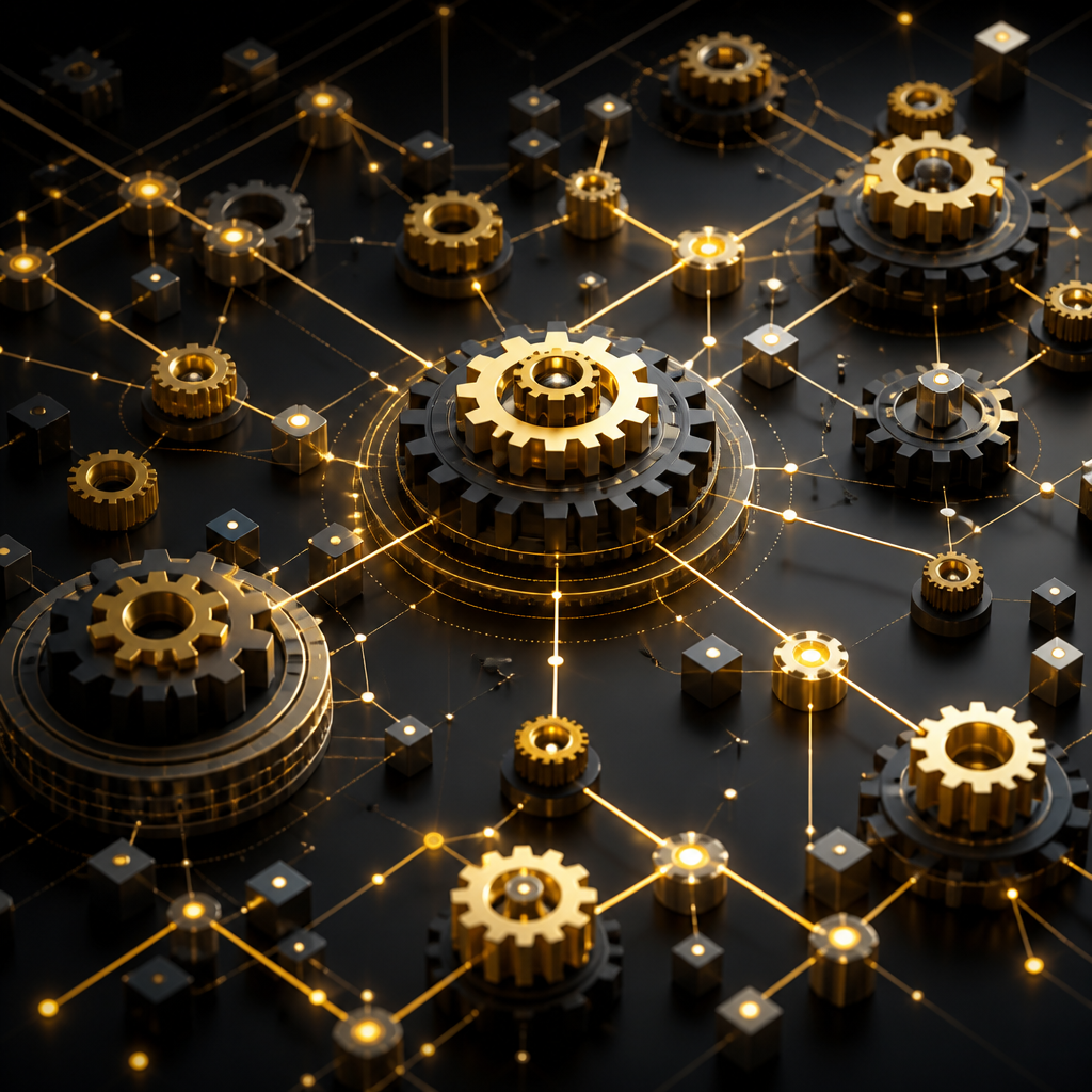 Interconnected modular network geometry with gold connection highlights on a deep neutral background, representing reliable platform systems and automation support.