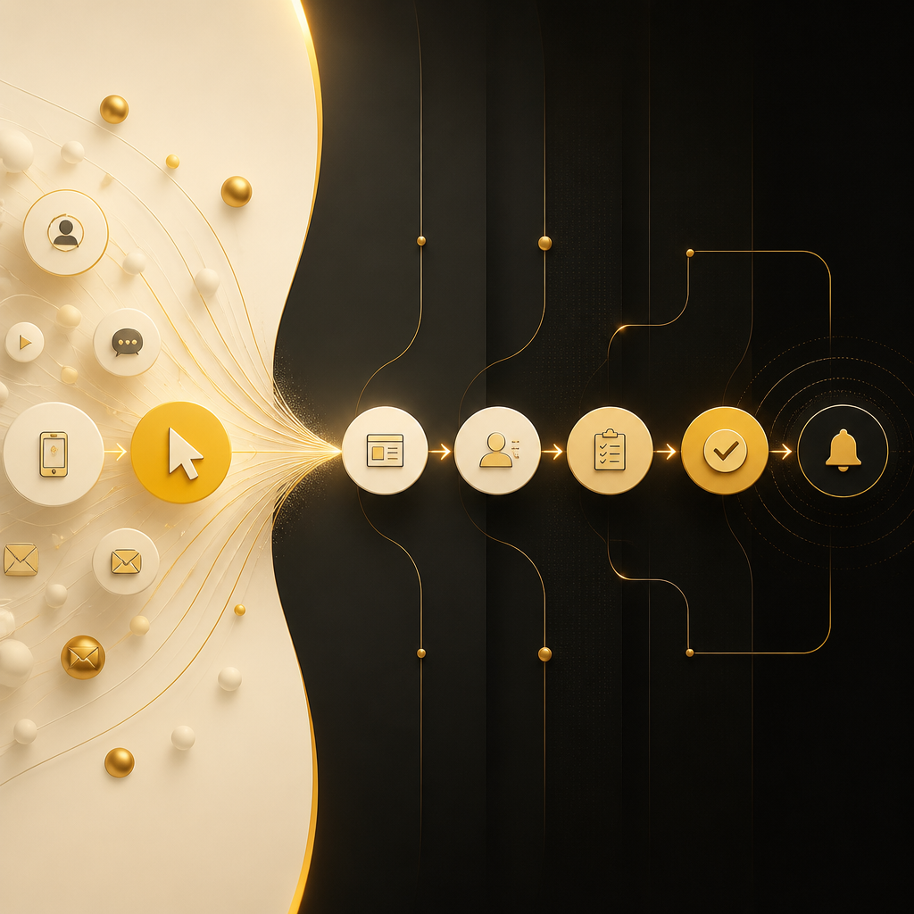 A premium editorial-style wide system flow diagram showing connected customer journey stages using gold and near-white colors, with directional flow shapes and no text.