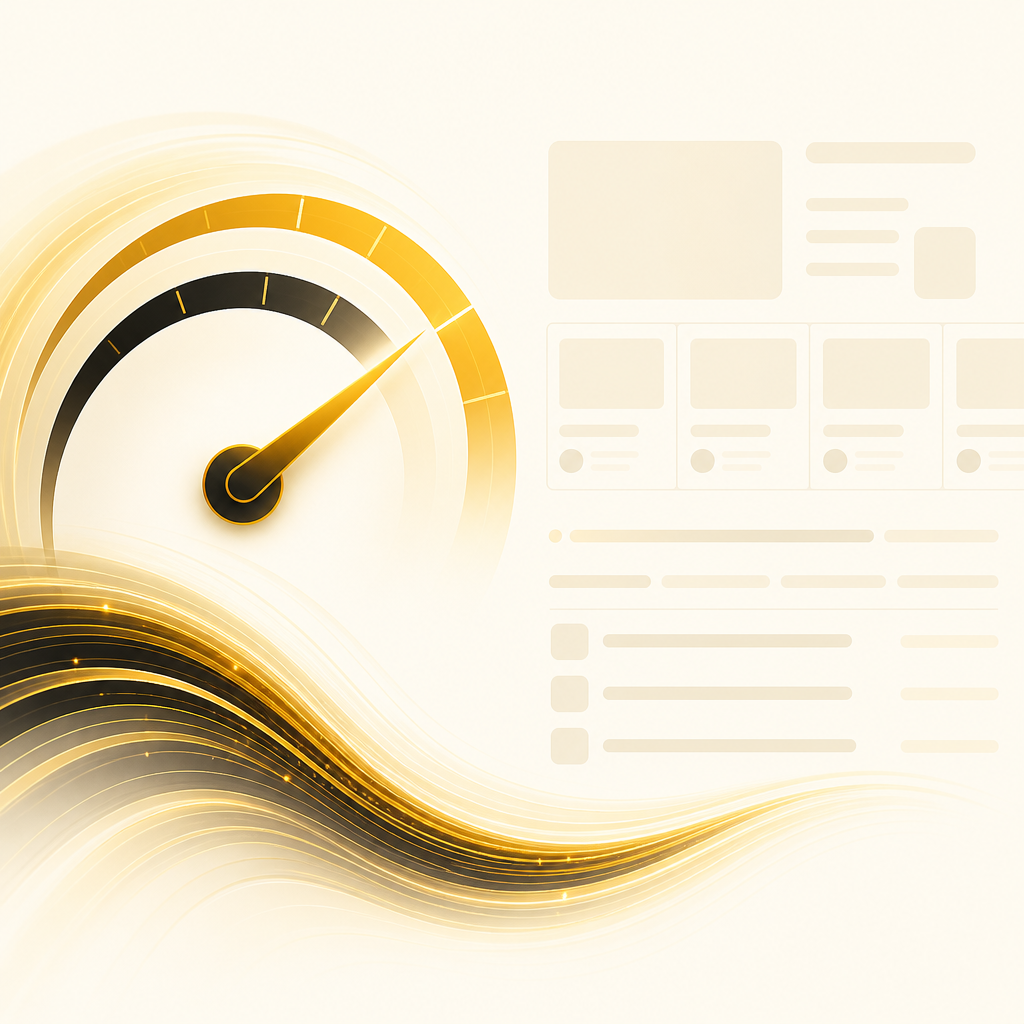A premium editorial-style wide performance concept showing a clean speed and stability visualization with gold and deep accents on a near-white background, without any text.