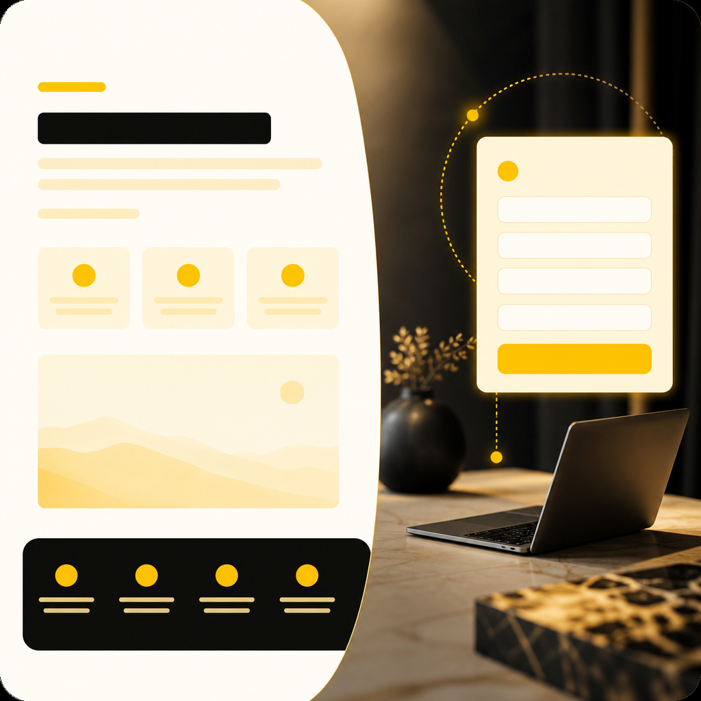 A premium editorial-style wide website layout mockup with clear conversion structure, trust-style blocks, and a highlighted call-to-action zone using a gold and near-white palette.