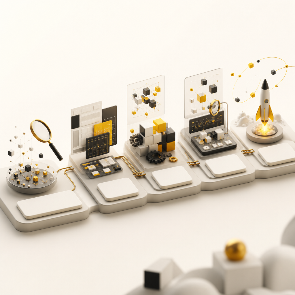 A phased website-to-web-application conversion pipeline metaphor using sequential connected tiles and workflow arrows in warm gold and deep ink tones, with no readable text.