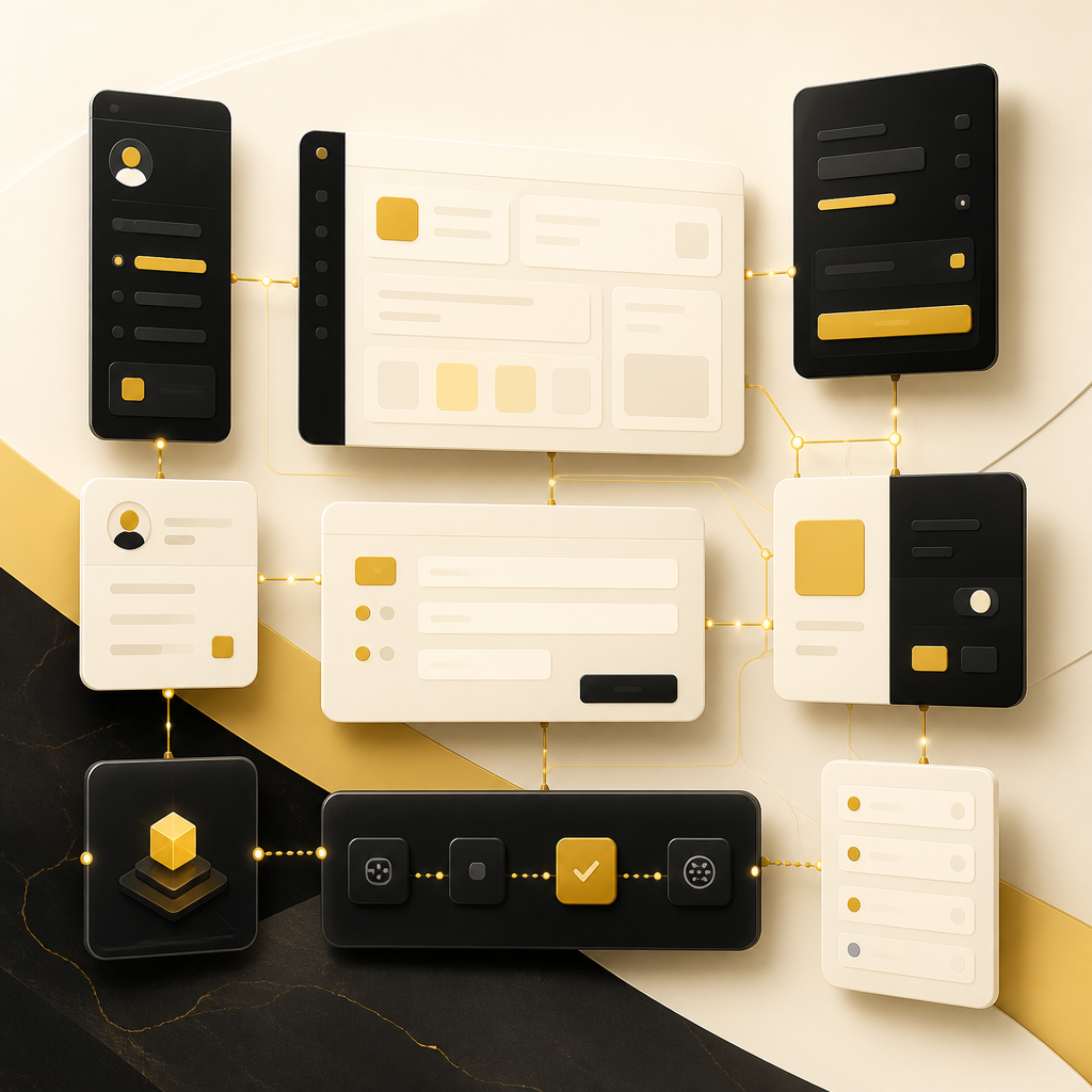 Abstract modular web application panels connected to suggest accounts, dashboards, forms, payments, automation, and API integrations using warm gold and deep ink tones, with no readable text.