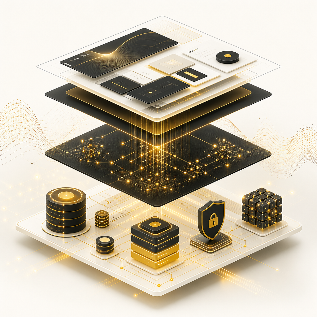 A layered full-stack architecture visual with connected data pathways and node clusters in gold-accented near-white and deep ink tones, with no readable text or labels.