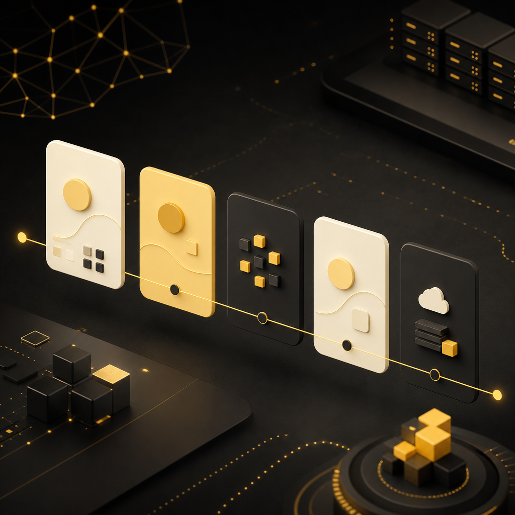 A premium editorial scene showing a multi-phase operational roadmap for remote teams, with connected milestone cards and abstract deployment-readiness cues in SHAKIR ANSARI brand colors.