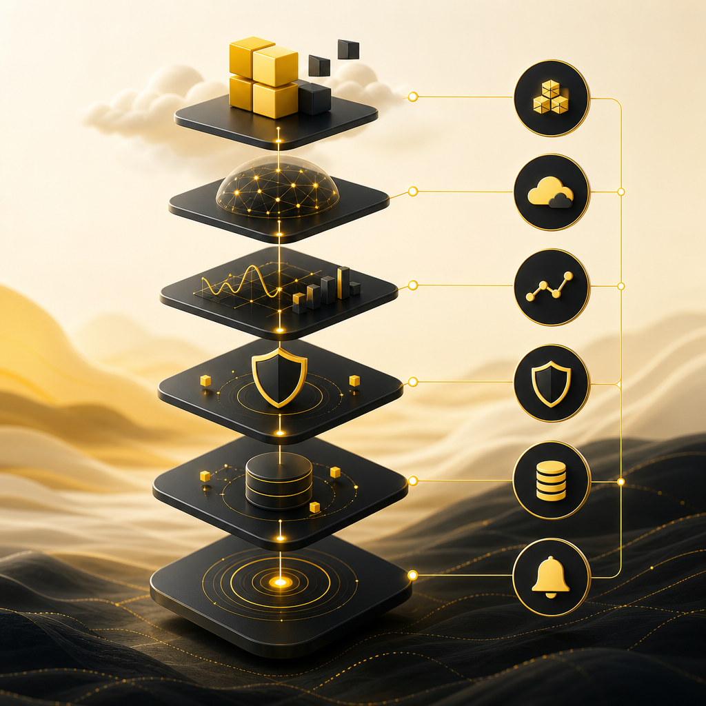 A premium editorial depiction of an operations checklist for remote full-stack teams, showing abstract infrastructure elements for deployment readiness, monitoring, security, backups, and incident recovery.