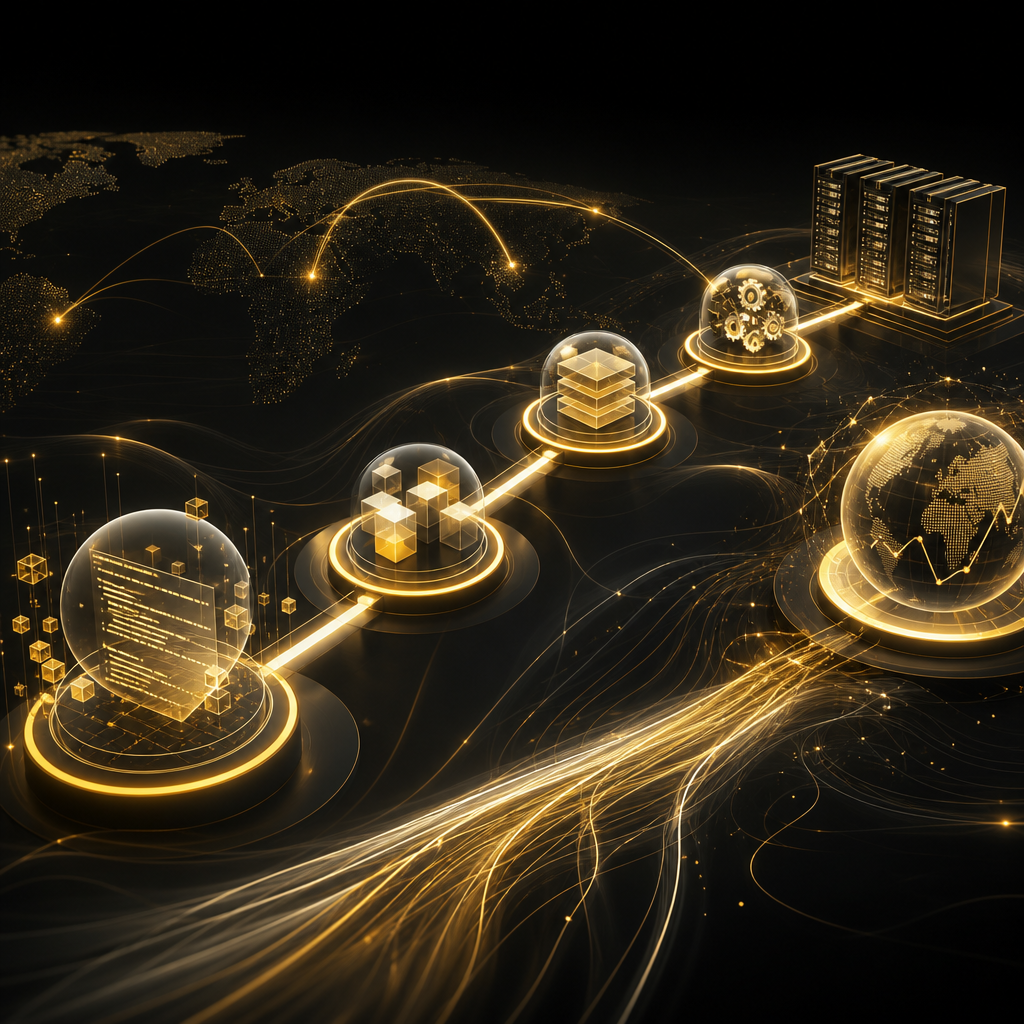 An abstract continuous delivery pipeline connecting code changes to safe production monitoring, shown with server-rack forms and glowing network pathways in a premium editorial style.