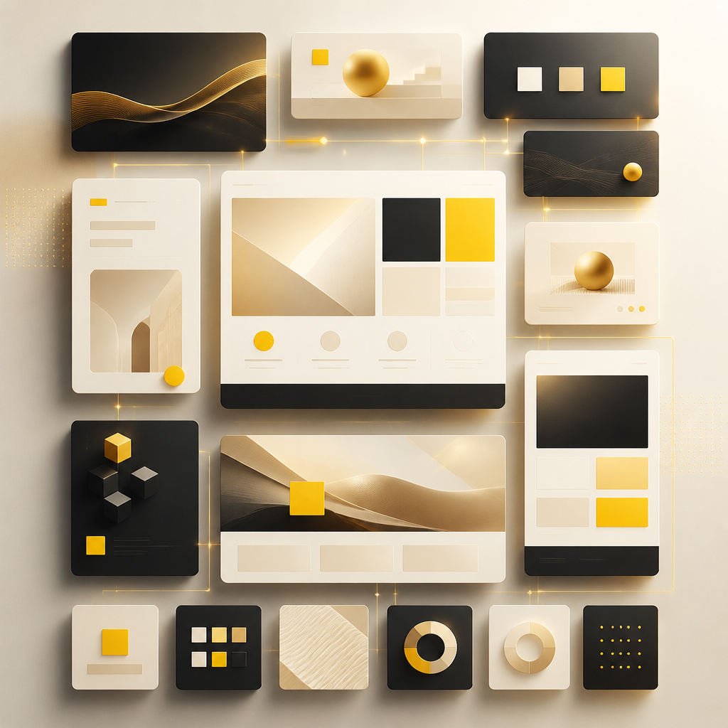 A premium editorial wide modular layout concept representing reusable website sections and controlled design structure with warm gold highlights on a soft neutral background.