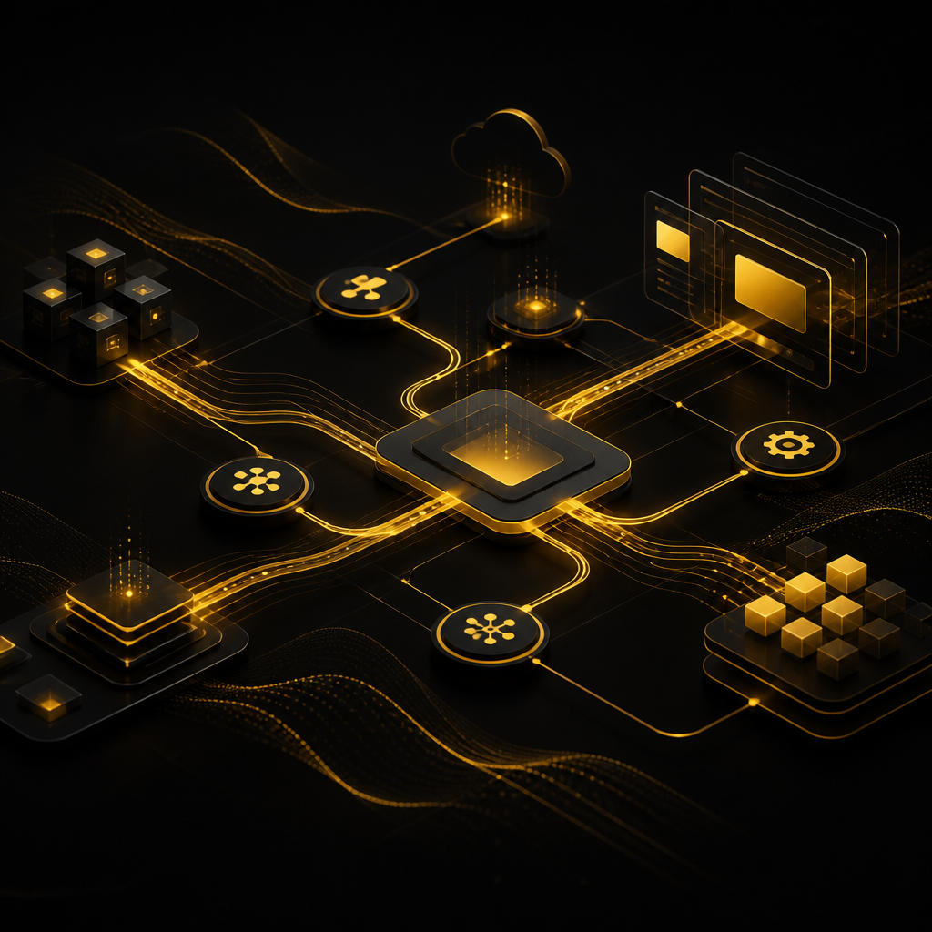 A premium editorial wide technical integration concept showing connected workflow nodes and scalable website architecture with warm gold accents on a dark background.