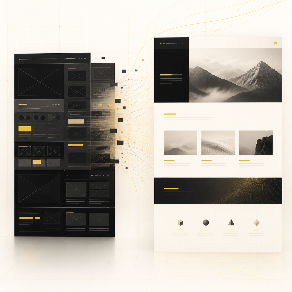 A premium editorial wide layout concept showing a generic template shifting into a cleaner custom website structure with warm golden accents and deep charcoal design lines.