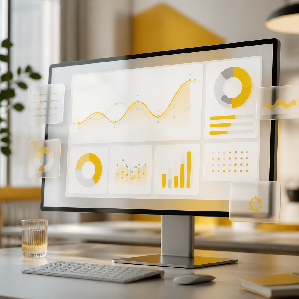 A wide abstract monitor with glowing KPI trend lines and segmented chart shapes in SHAKIR ANSARI brand colors, designed to look like reporting dashboards without any readable labels.