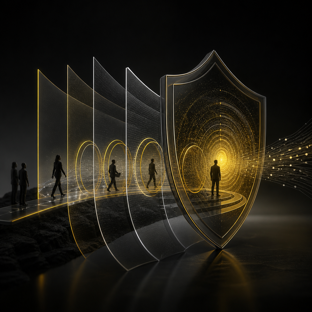 A dark layered security shield made of translucent panels and glowing access pathways in brand accent colors, conveying RBAC-style protection without any readable text or icons.