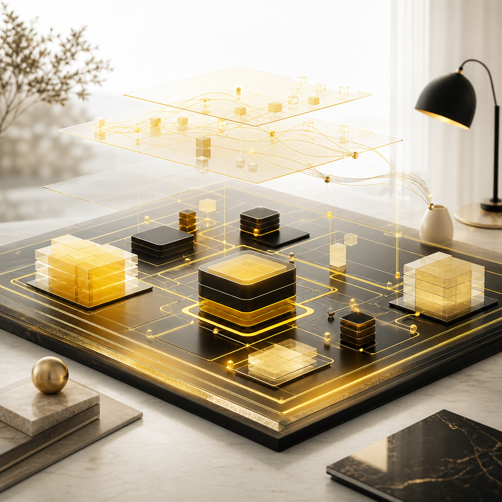 Interconnected glowing data blocks and integration pathways arranged like a modern enterprise system blueprint on a clean near-white desk background, with no readable interface text.
