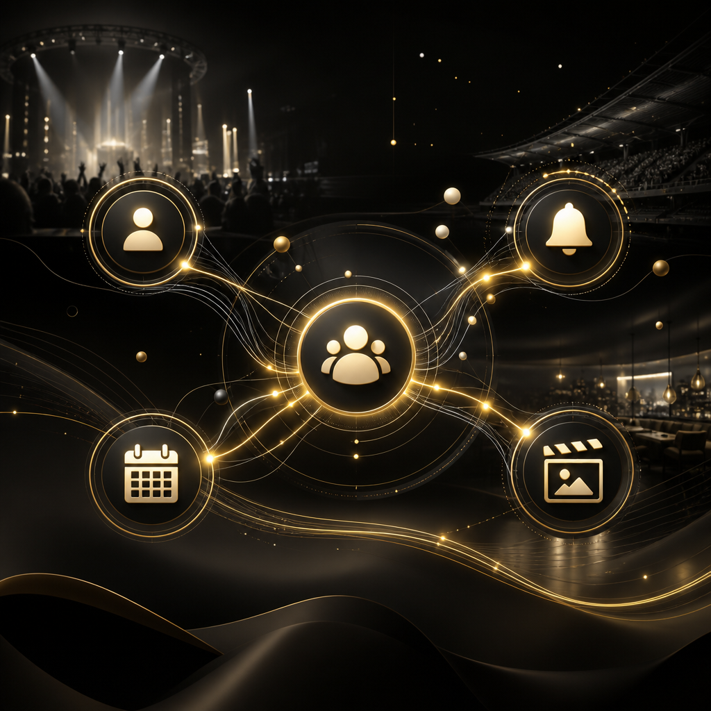 An abstract network of glowing nodes and connections symbolizing automated entertainment operations in a premium dark-neutral color scheme.