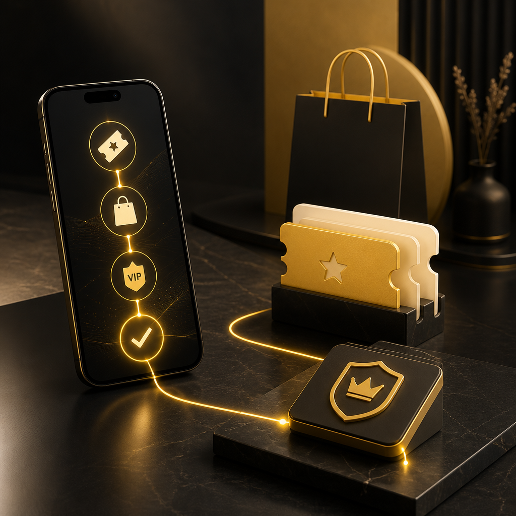 A premium editorial wide scene with abstract ticket, merch, and VIP icons connected by a gold pathway in a modern entertainment e-commerce style.