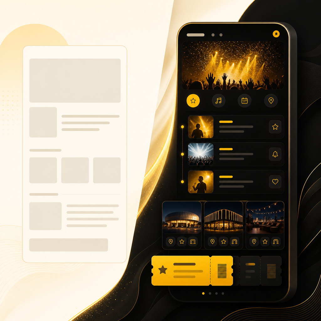 A premium editorial wide layout showing a comparison between a basic event page and a modern mobile-first entertainment website design using gold and off-white tones.