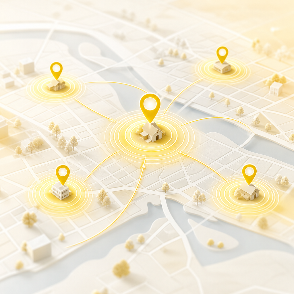 An abstract editorial map visualization highlighting neighborhood trust signals and location relevance using glowing nodes in brand-matched colors.