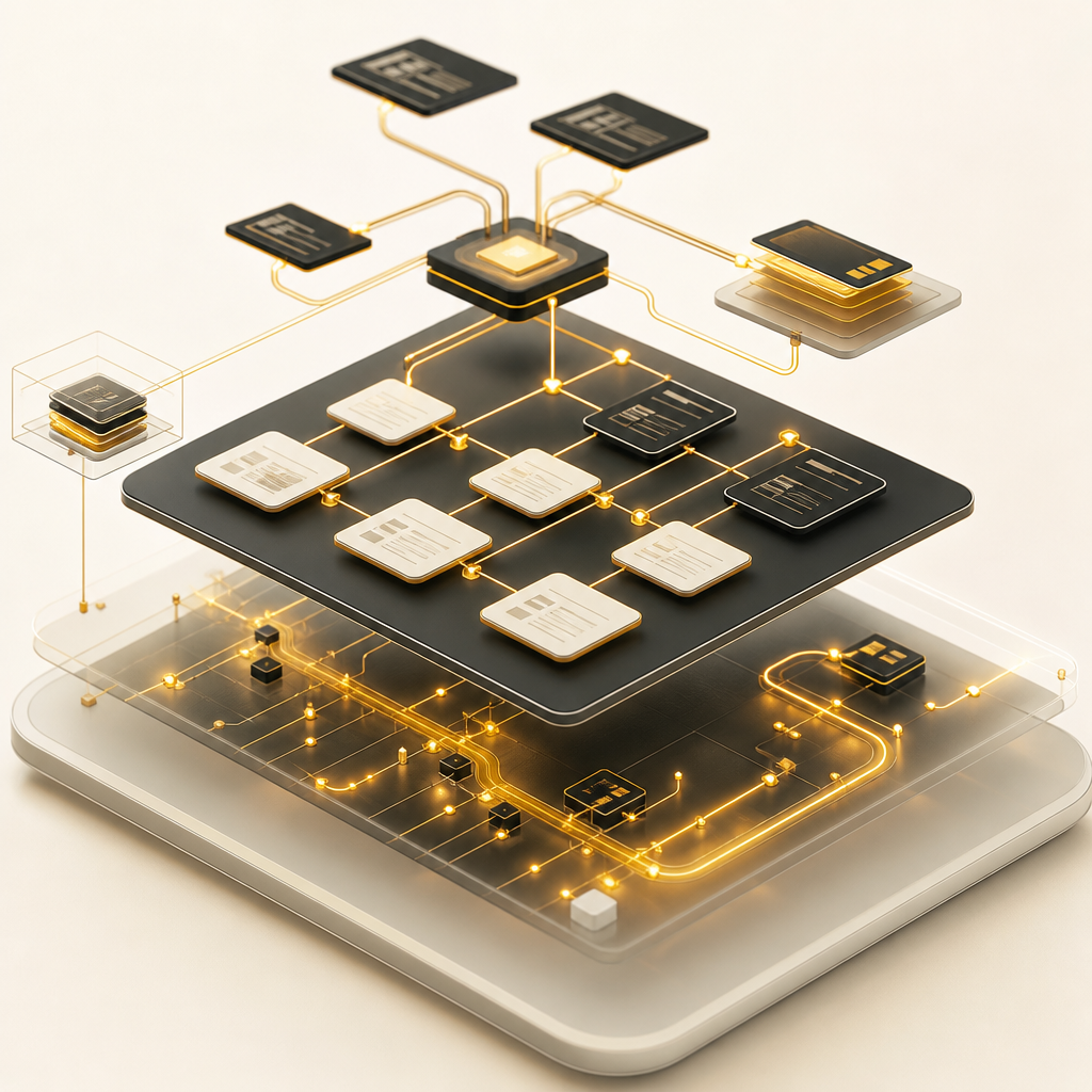 A premium abstract editorial visual showing layered technical SEO structures with sitemap-like grids and glowing connection flows in brand colors.
