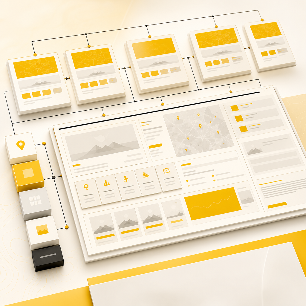 An abstract editorial layout concept representing scalable franchise location page structure using connected content modules and warm golden accents.
