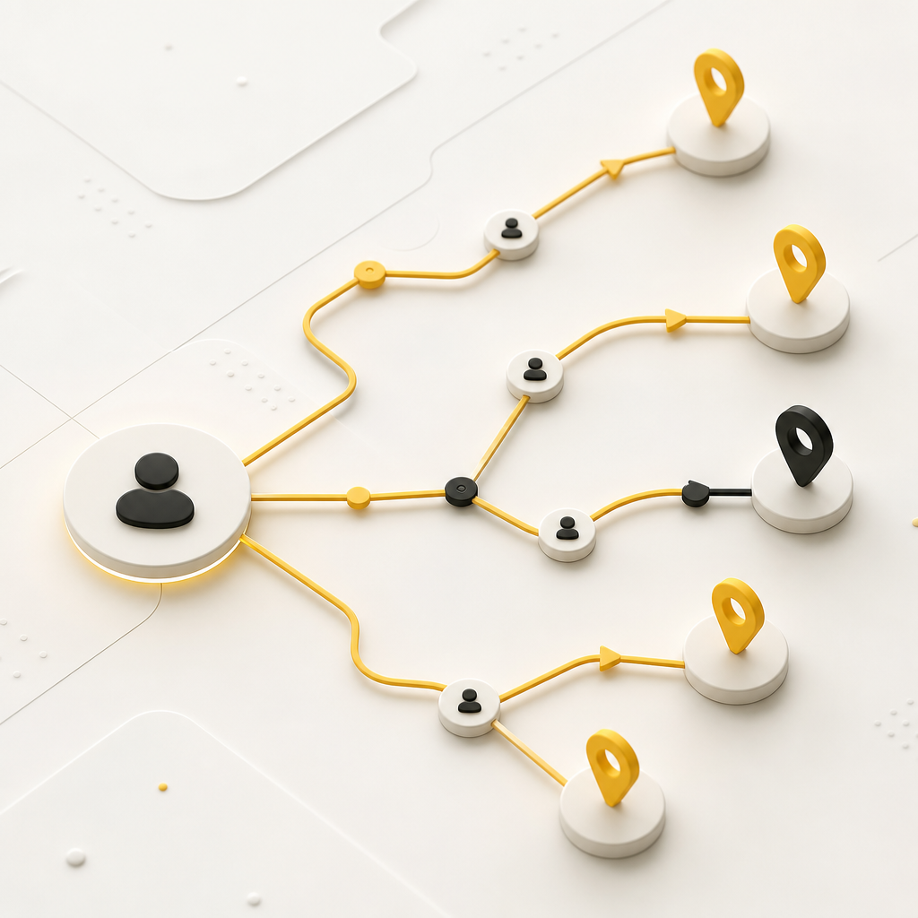 A connected flow of nodes leading to separate territory markers representing automated lead routing for multi-location franchises.