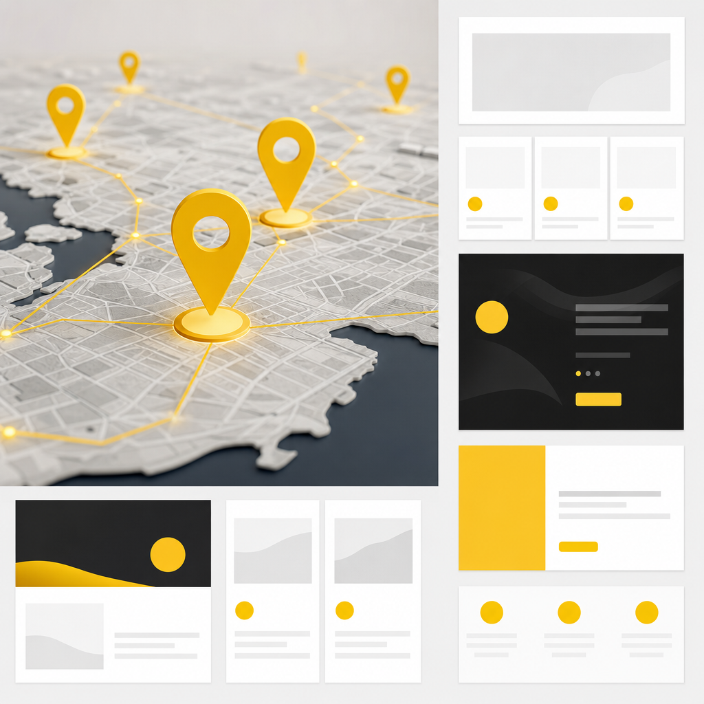 A map-like scene with structured location blocks and connected pathways representing the SEO and conversion blueprint for location pages.