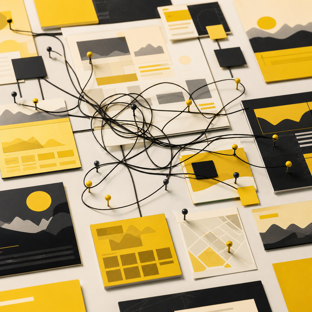 Overlapping website layout tiles with mismatched styling and a tangled connection line representing common franchise website redesign failures.