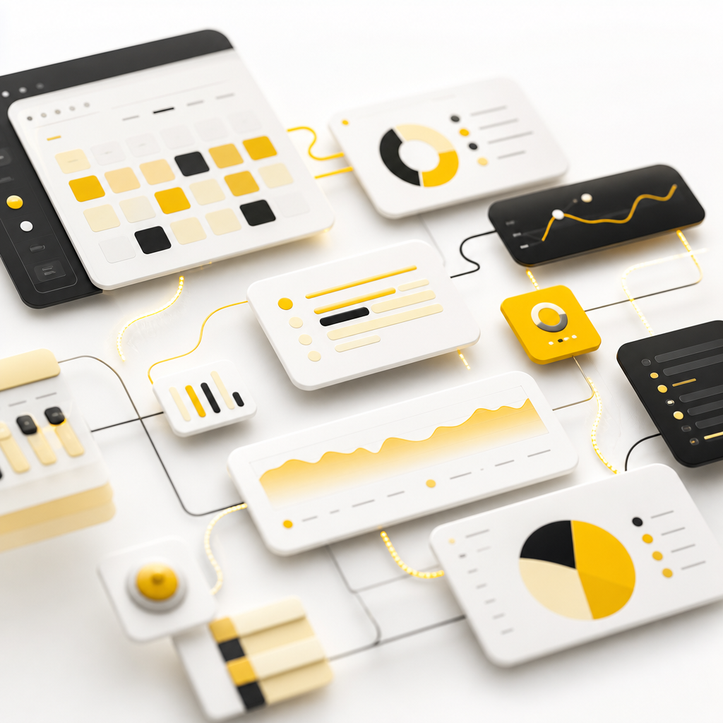 Abstract set of enterprise internal tool panels symbolizing scheduling tiles and manager dashboards connected in a premium editorial composition.
