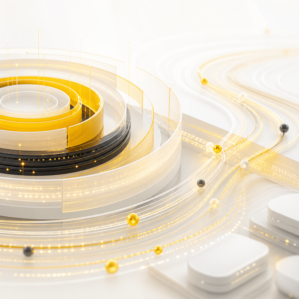 Abstract premium cybersecurity and scalability visualization with layered protective arcs and flowing data paths in SHAKIR ANSARI brand colors.