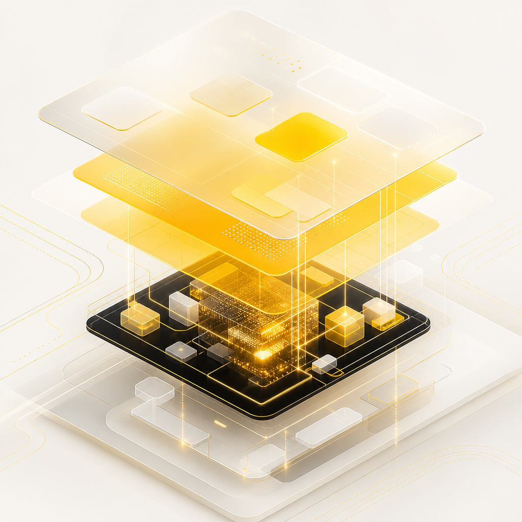 Abstract layered enterprise system diagram with interconnected UI and service components rendered in premium editorial style using SHAKIR ANSARI brand colors.
