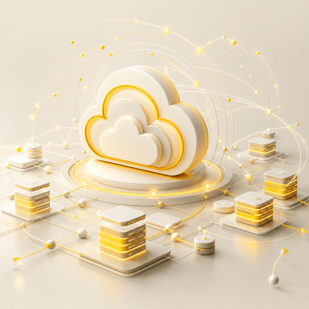 A premium abstract cloud infrastructure scene with expanding capacity rings and connected service nodes in gold and deep neutral tones.