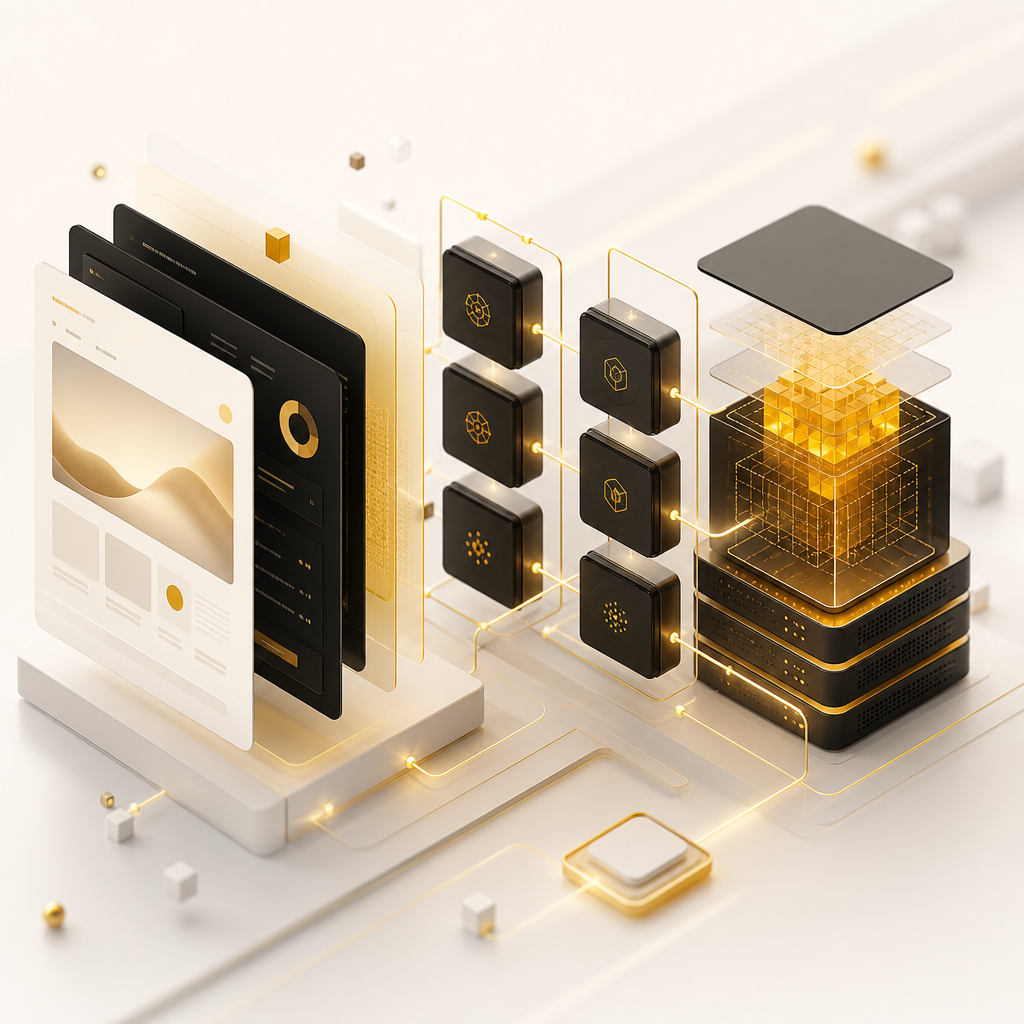 Abstract enterprise architecture showing interconnected front-end panels, back-end services, and a structured data core in warm gold and near-white editorial tones.