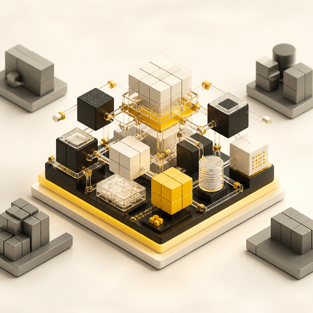 A premium abstract scene of modular components assembling into a tailored enterprise platform structure using warm gold and near-white tones.