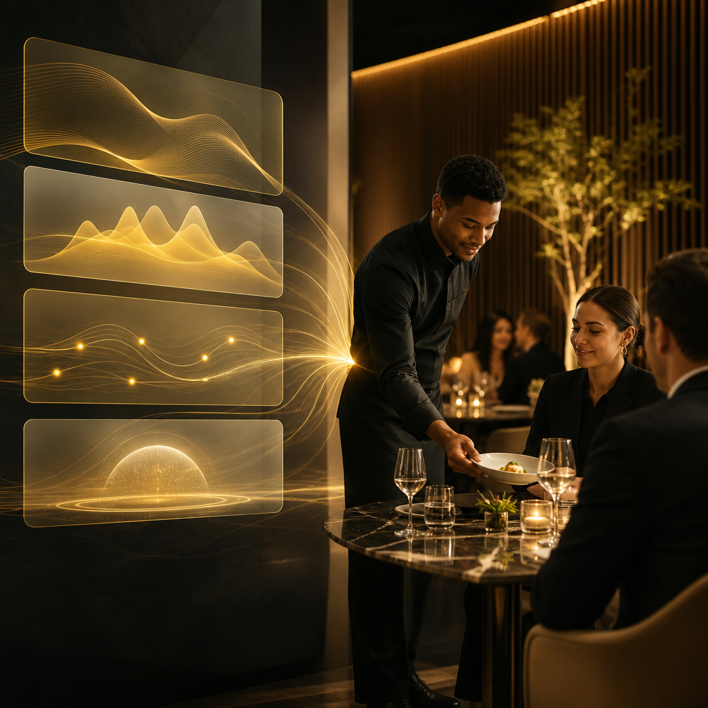 A premium editorial wide restaurant setting with abstract translucent light layers symbolizing accuracy and safety, consistent peak-hour performance, smoother staff adoption, and privacy-conscious data handling in warm gold and deep neutral colors.