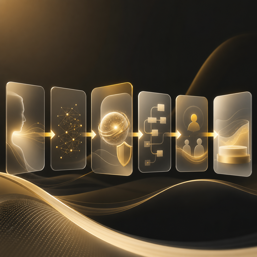 A premium editorial wide scene with an abstract translucent pipeline illustrating capture, intent understanding, response generation, action execution, escalation, and result recording in warm gold and cream tones.