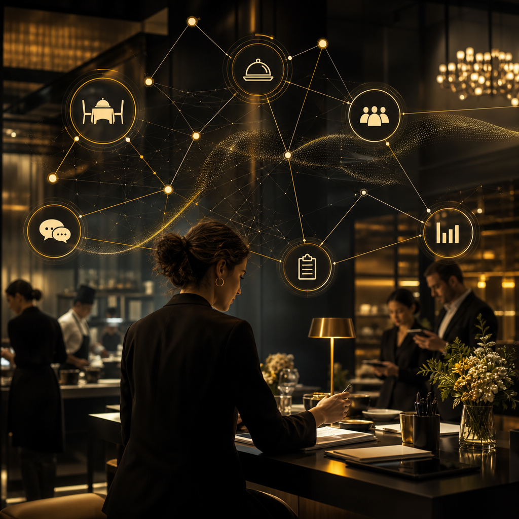 A premium editorial restaurant operations scene with abstract connected workflow nodes representing reservations, messaging, catering intake, CRM updates, feedback routing, and reporting in warm gold and deep neutral tones.