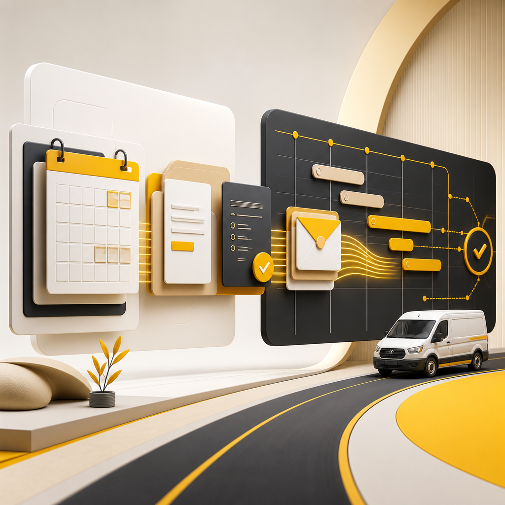 Abstract wide editorial composition of layered scheduling cards and technician job packets moving into a route timeline using warm yellow and neutral tones.