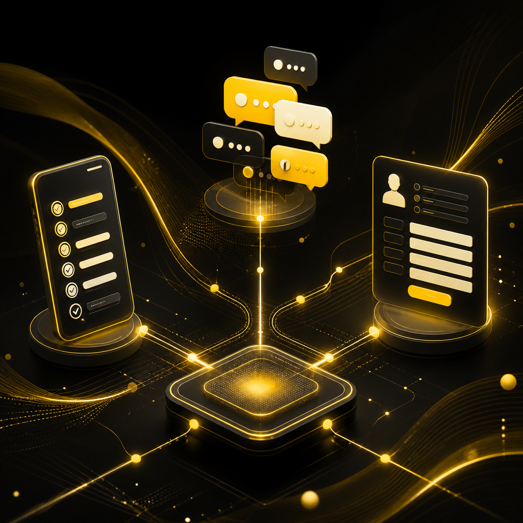 Wide editorial scene of connected workflow nodes linking abstract mobile checklist, message bubbles, and structured record forms in warm yellow and off-white tones.