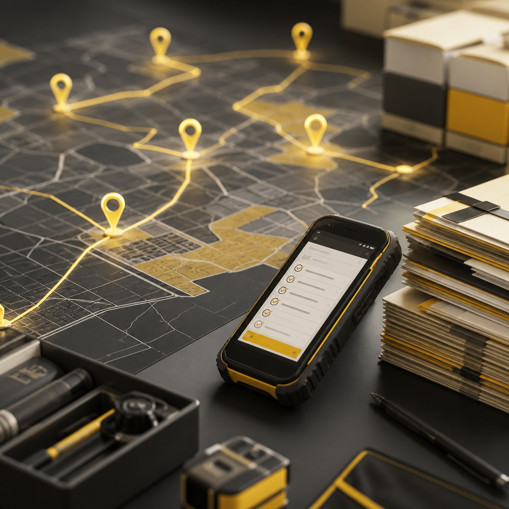 Abstract wide editorial scene of field service coordination connecting route pins, technician checklist sheets, and document packets using warm yellow and neutral tones.