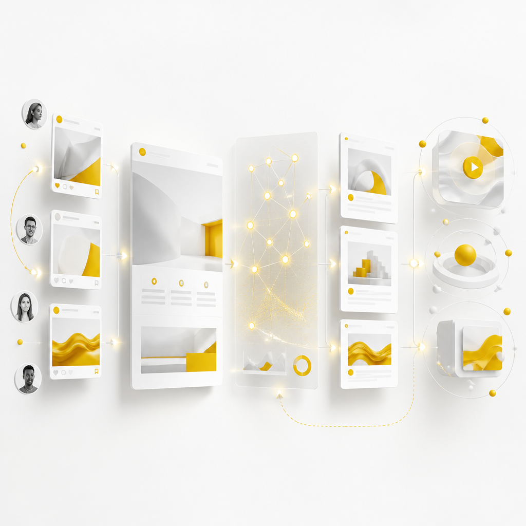 A premium editorial representation of a launch journey connecting social attention to website action using abstract connected panels for matching messages, tracking nodes, follow-up steps, and shareable interactive widgets.