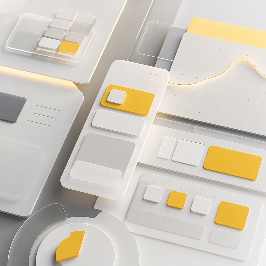 An editorial web development composition showing abstract mobile-responsive frames, structured content blocks, and conversion-focused UI zones in a brand-accent palette.