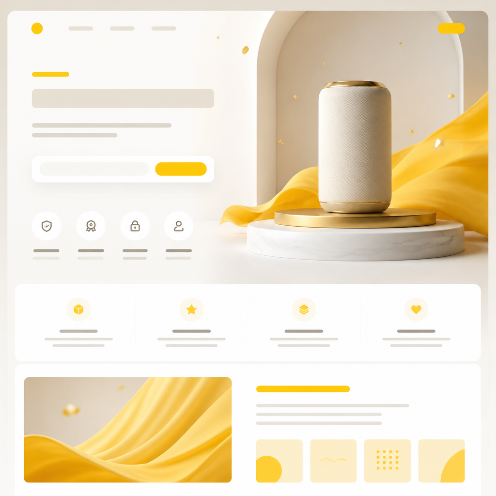 A premium editorial product-launch landing page layout visualized with abstract sections for value, trust, lead capture, and campaign consistency using brand-accent shapes and balanced spacing.